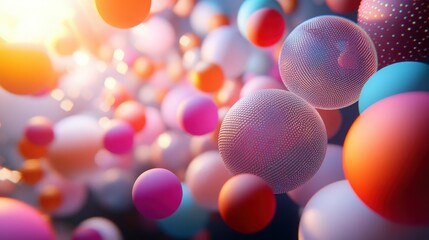Poster - Abstract spheres in 3D space, arranged in a cascading formation with bright, colorful textures and dynamic lighting