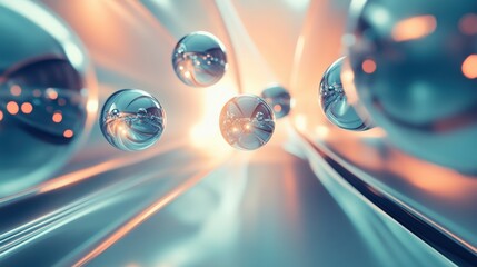 Poster - Abstract spheres floating in a 3D space, reflecting light and casting shadows, with a sleek, futuristic background