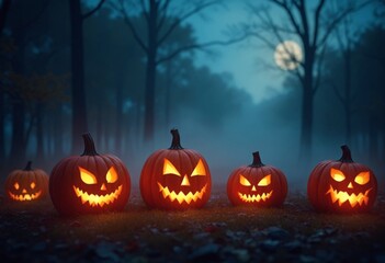 Sticker - Colorful Halloween pumpkins surrounded by fog in a spooky setting at night