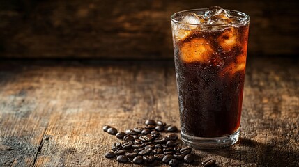 Glass of iced coffee with coffee beans on rustic wood.