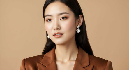 Poster - Korean woman wearing diamond earrings with a warm beige background