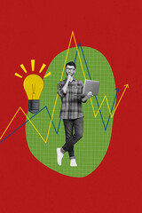 Poster - Trend artwork sketch image composite photo collage of workspace online sms trader man hand hold laptop stand think stats idea lamp light