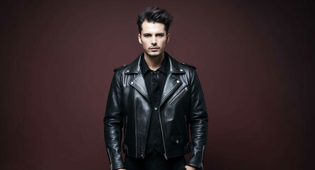 Poster - Man in gothic leather jacket on a dark burgundy background