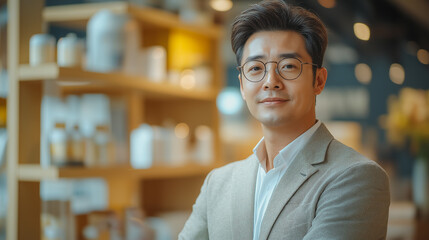 Poster - a man in a suit and glasses stands in front of a shelf of products