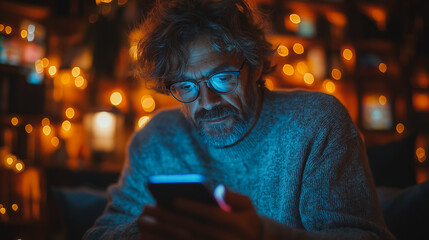 Poster - A man is sitting on a couch and looking at his cell phone