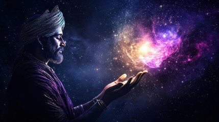 Brahma depicted as the creator, cosmic light radiating from his hands as stars and planets form