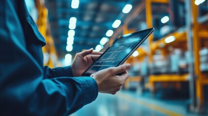 Poster - Hands architect and tablet for blueprint in logistics warehouse for building design and expansion Contractor people and scrum on app for floor plan review or meeting in factory for sup : Generative A