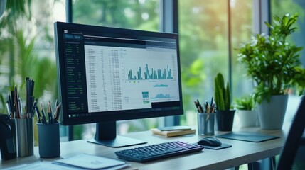 Poster - An online e-invoice on a computer screen in a modern office. Clean desk with financial charts, documents, and tech gadgets