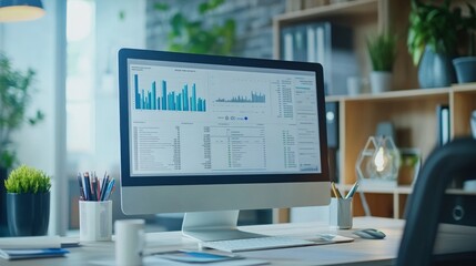 Poster - An online e-invoice on a computer screen in a modern office. Clean desk with financial charts, documents, and tech gadgets