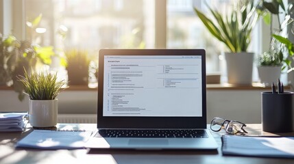 Poster - An online e-invoice on a laptop screen. Office background featuring financial papers, modern tech, and a neat desk setup