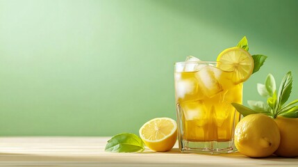 Wall Mural - glass of iced tea with lemon slices and lemons on a wooden table.