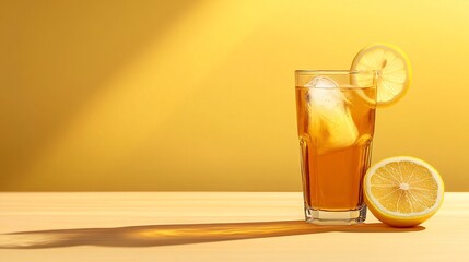 Wall Mural - glass of iced tea with lemon slices on a yellow background.