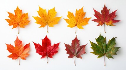 Wall Mural - Artistic display of maple leaves with their autumn hues on a white background, highlighting the natural beauty and detail of each leaf