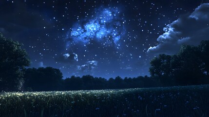 Wall Mural - 143. A dramatic starry night sky over a quiet countryside