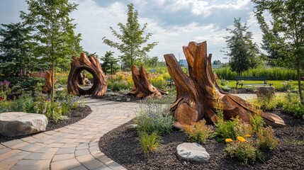 Artistic outdoor setting with imaginative tree designs and diverse plant life, highlighting nature's creative potential