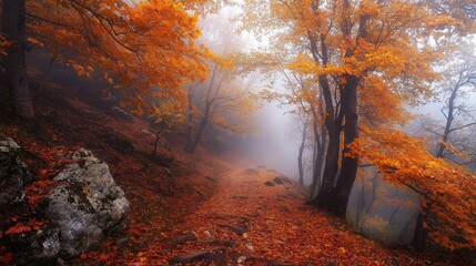 Poster - Autumn fog shrouds the forest in Bulgaria Balkan Mountains, with vibrant leaves and a peaceful, misty landscape