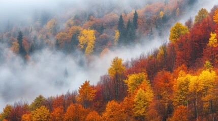 Wall Mural - Autumn forest in the Balkan Mountains, Bulgaria, shrouded in fog with brilliant hues of fall foliage creating a serene scene