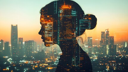 Double Exposure Image of Business Person on modern city background. Future business and communication technology concept. Surreal futuristic cityscape and abstract multiple exposure graphic interface.