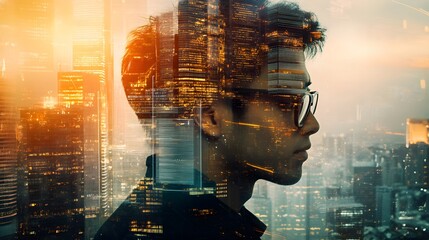 Double Exposure Image of Business Person on modern city background. Future business and communication technology concept. Surreal futuristic cityscape and abstract multiple exposure graphic interface.