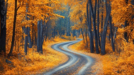 Poster - Autumn in Eastern Europe: a magical forest with rich yellow and orange foliage, tree trunks, and a scenic road weaving through the vibrant landscape