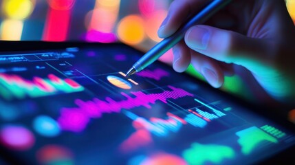 Poster - A hand interacts with a digital tablet displaying colorful data visualizations and graphs.