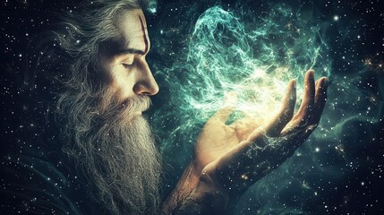 Brahma shaping the natural world, his hands glowing with the energy of creation, cosmic birth of life