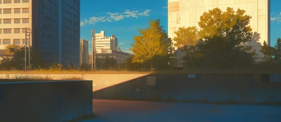 Poster - Artwork depicting a vacant square alongside an urban skyline
