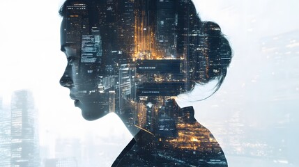 Double Exposure Image of Business Person on modern city background. Future business and communication technology concept. Surreal futuristic cityscape and abstract multiple exposure graphic interface.