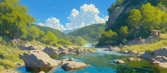 Wall Mural - Painting of the Preguicas River a scenic watercourse in a complex of stunning landscapes showcasing its natural beauty and serene environment