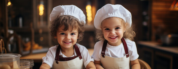 Happy little boy and girl in dressed as cooks standing in a kitchen. Two smiling children in white cook's suits cooking. Kids wearing chef's outfits standing at table with food looking at camera