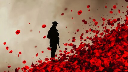 Wall Mural - A soldier stands in a field of red flowers