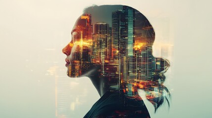 Double Exposure Image of Business Person on modern city background. Future business and communication technology concept. Surreal futuristic cityscape and abstract multiple exposure graphic interface.