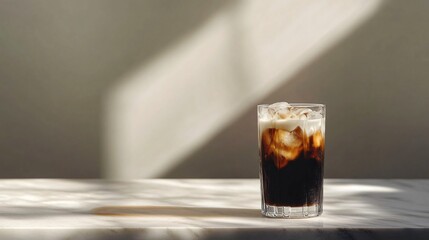 Iced coffee in a glass with ice cubes on a white marble table.