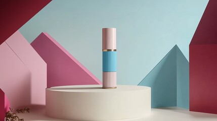 Poster - a modern cylindrical product displayed on a circular pedestal against a vibrant, geometric backgroun