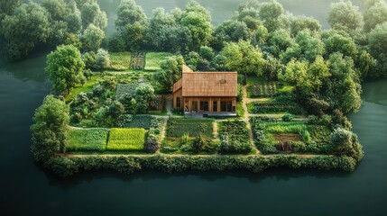 Wall Mural - An engaging visualization of an organic farm layout, featuring zones for crops, wildlife, and conservation efforts 