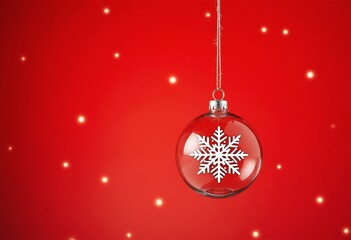 glass christmas ornament with white snowflake pattern hanging on a red background with soft glowing 