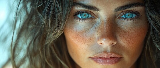 Wall Mural - Close up portrait of a woman with blue eyes and freckles.