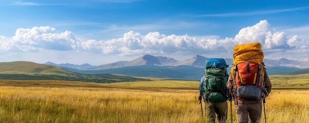 Two hikers exploring a vast landscape with mountains and blue skies in the background.