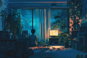 Wall Mural - A man is sitting in a room with a television on a stand