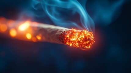 Wall Mural - Close-up of a burning cigarette with smoke rising against a dark background.