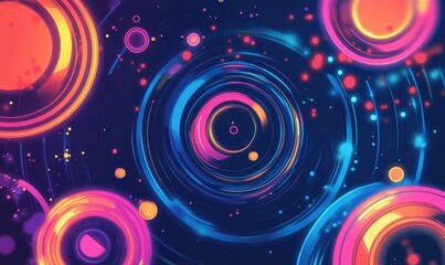 Poster - Dynamic circular frames with drop circles illustrating AI technology and science in a vibrant 2D cartoon style complemented by musical elements