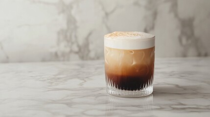 Iced coffee with milk and cinnamon on a white marble surface.