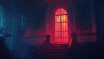 Wall Mural - Fantasy illustration featuring a dark red glowing window and balcony in an antique mansion