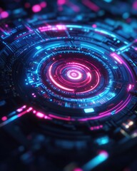 Poster - Futuristic dark technology background featuring a neon glow with a cybernetic circular laser design on an abstract surface