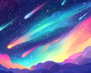 Wall Mural - Vibrant and colorful background featuring a starry night sky with shooting stars auroras and a nebula filled with stars 2D cartoon style EPS 10