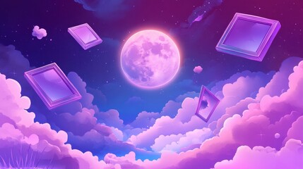 Wall Mural - Surreal landscape featuring a full moon floating clouds and decorative photo frames in a 2D cartoon style illustration