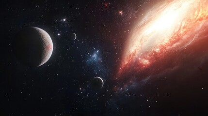 Poster - Colorful nebula in deep space featuring planets and a galaxy rendered in 3D illustration