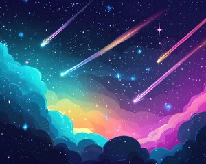 Wall Mural - Vibrant and colorful background featuring a starry night sky with shooting stars auroras and a nebula filled with stars 2D cartoon style EPS 10