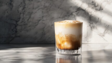Wall Mural - iced coffee with milk foam in a glass on a marble surface.
