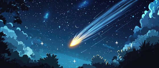 Poster - A meteor descends through a starry night sky surrounded by twinkling stars and cosmic stardust 2D cartoon illustration